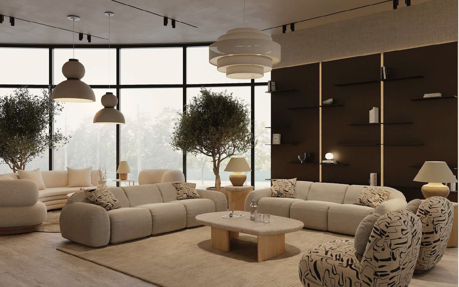 Ivory-toned salon with repeated seating and suspended lighting