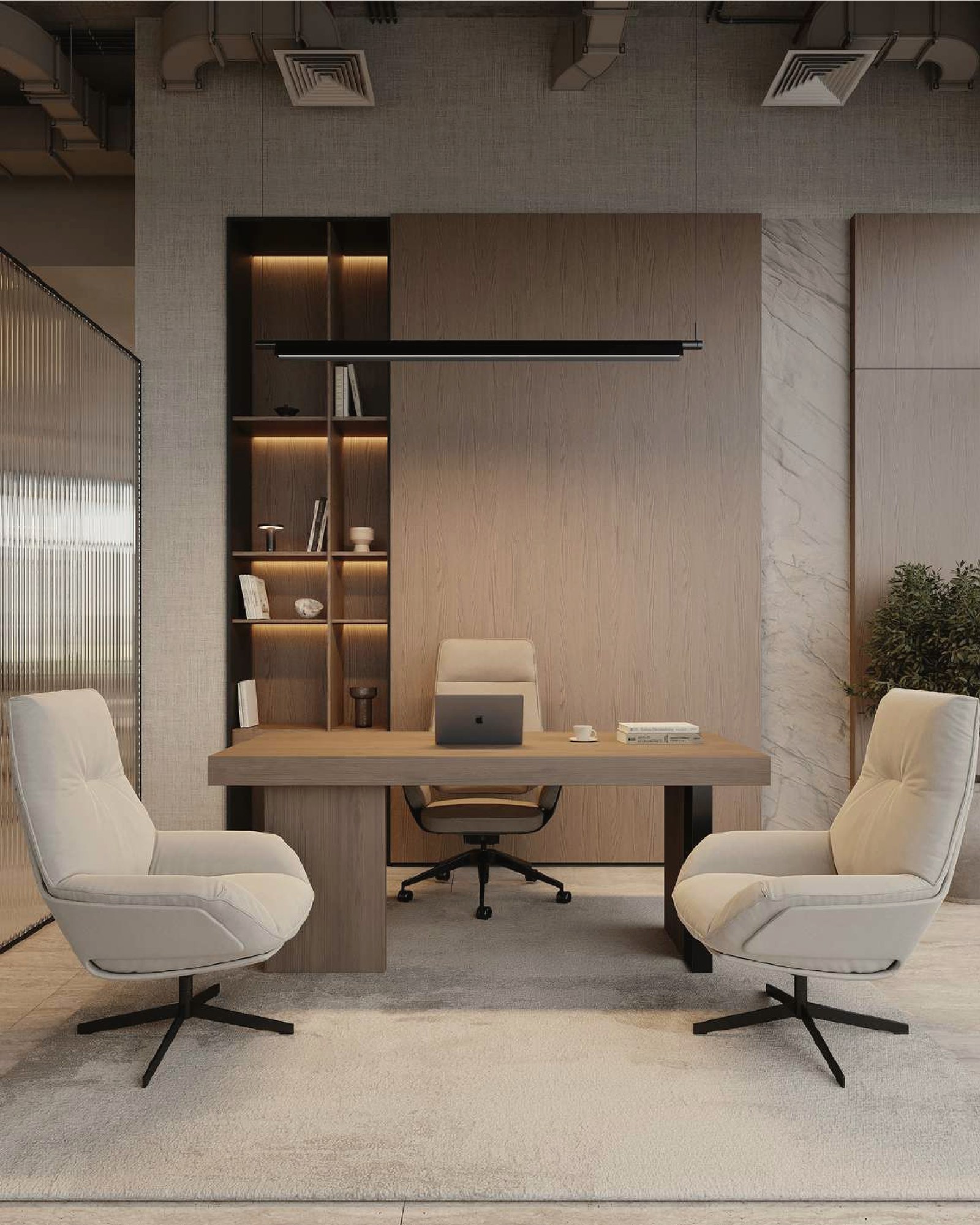 Tailored furniture and material composition in pale timber and stone