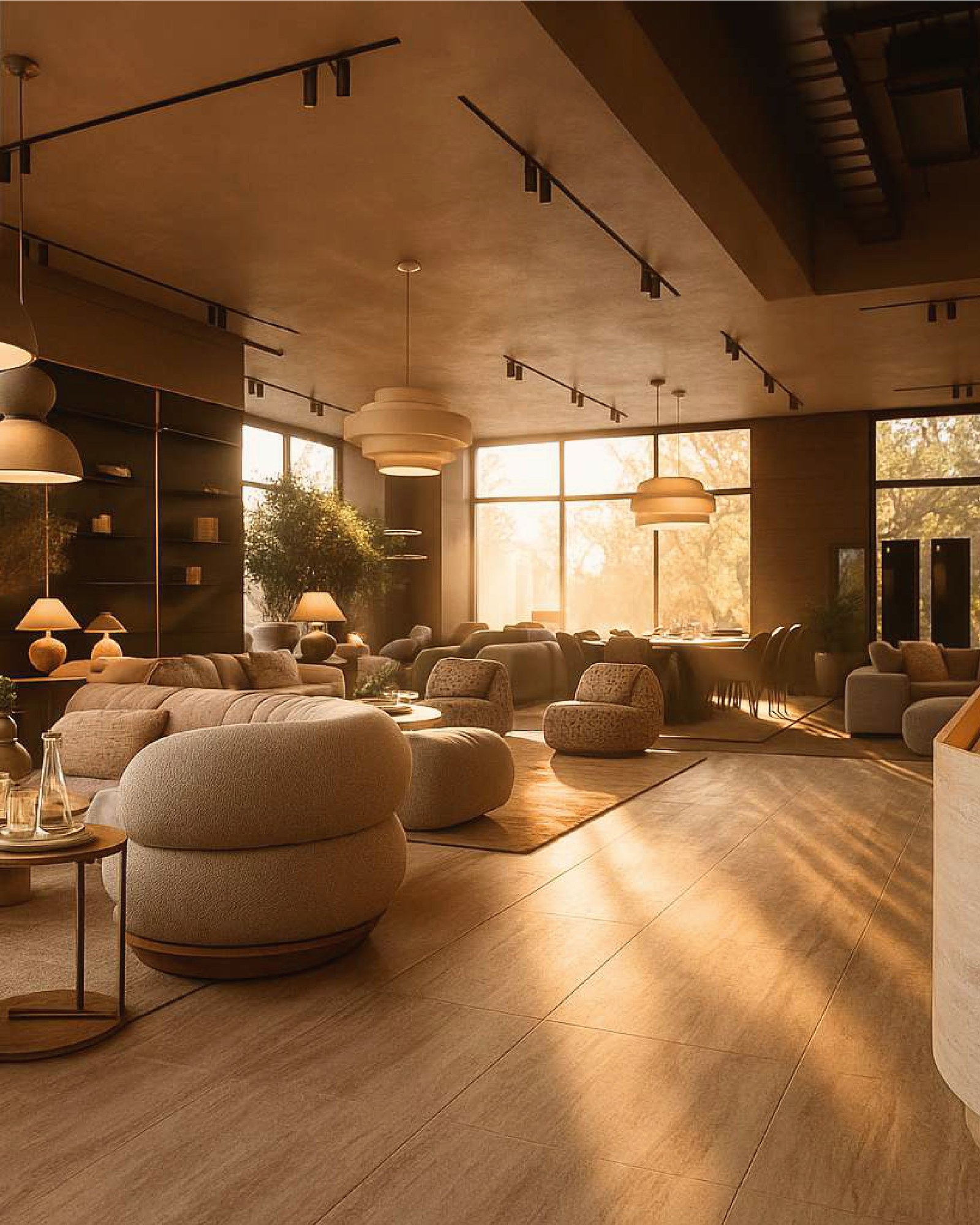 Dark timber-toned room illuminated by focused pools of evening light