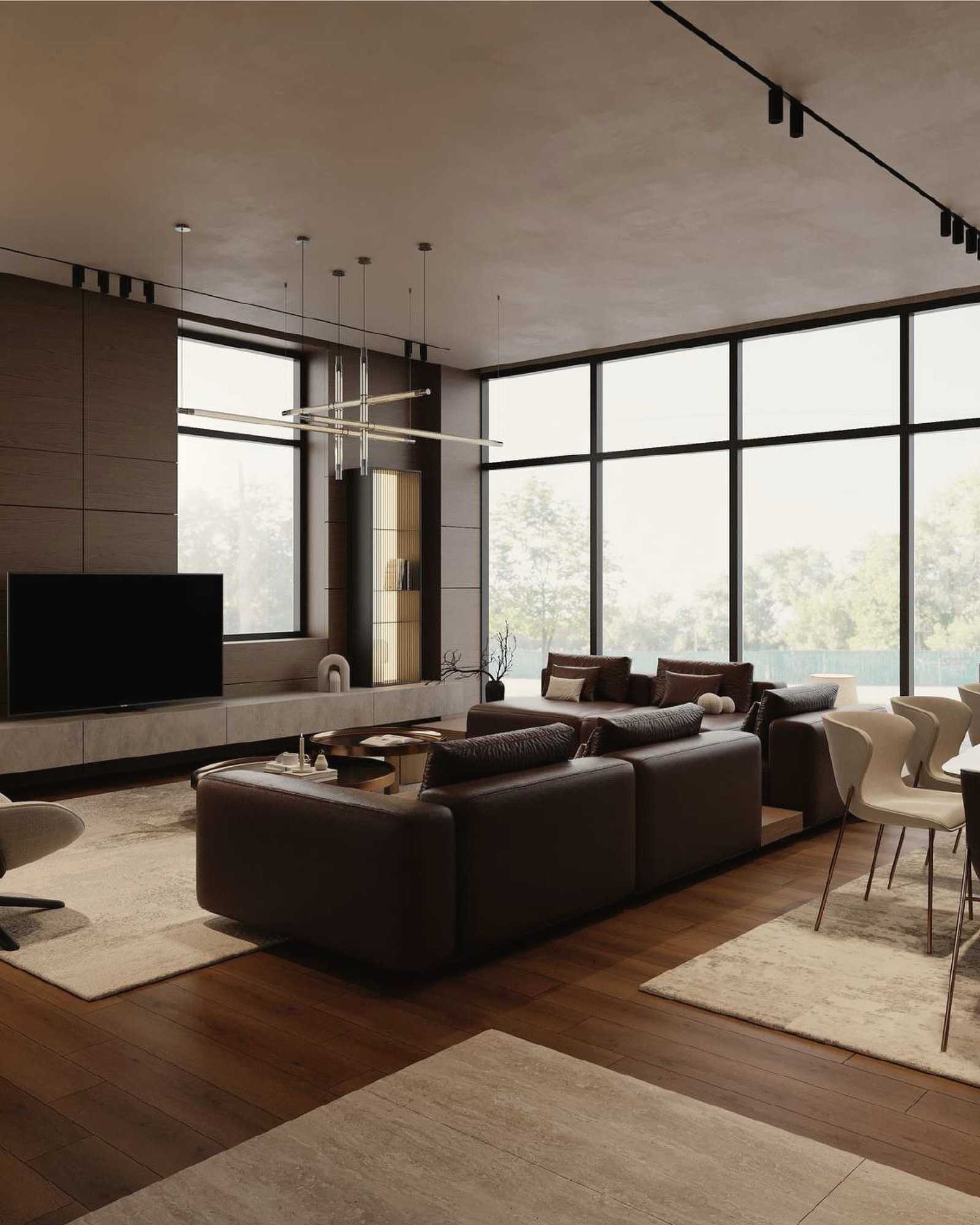 Low lounge seating with a grounded dark timber profile